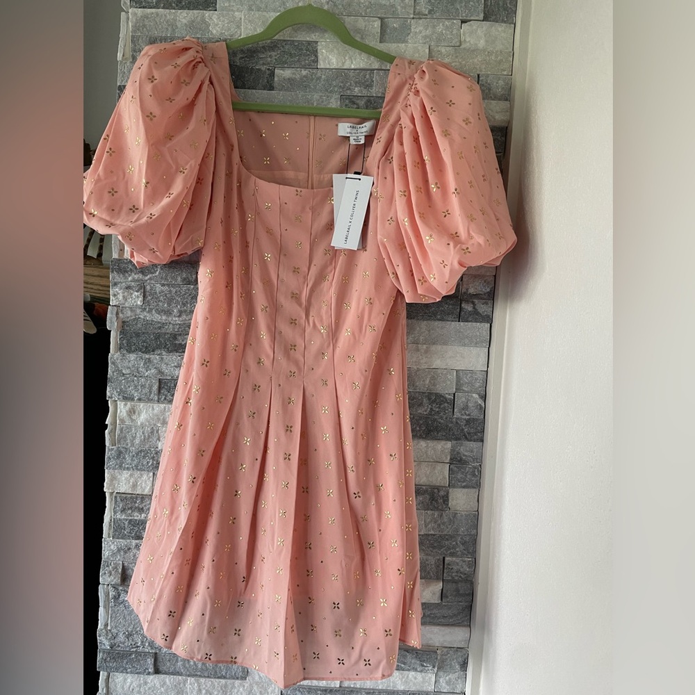 Labelrail x Collyer Twins NWT gold applique puff sleeve mini dress-orange-US 8 - Picture 2 of 12